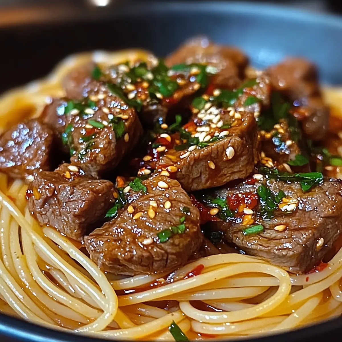 Pâtes au steak à l’ail sucré et épicé irrésistibles