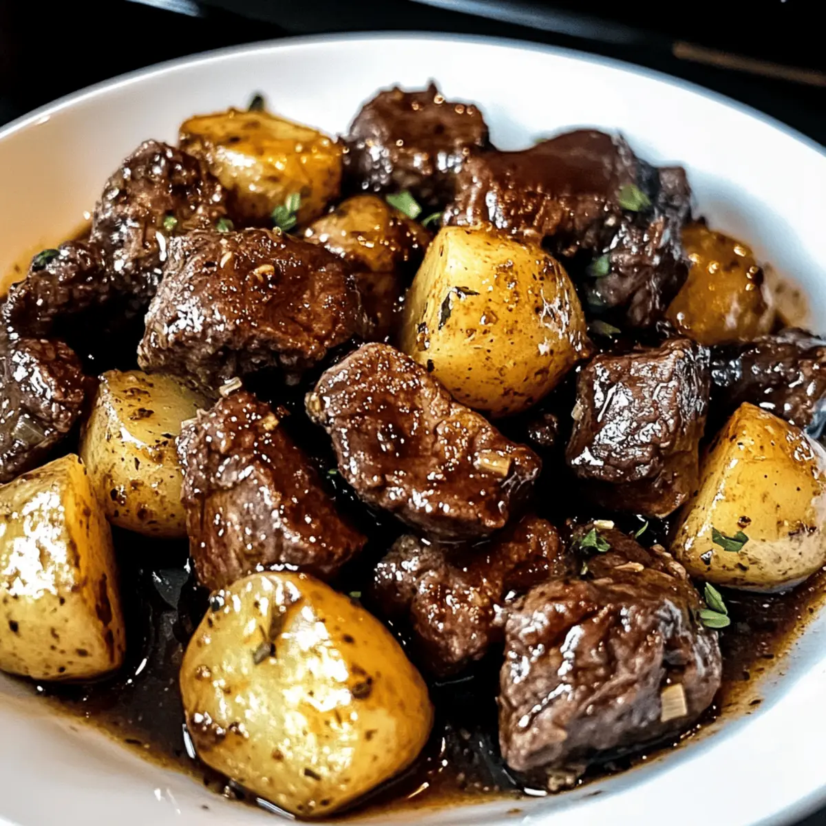 Boeuf à l’ail et au beurre en morceaux avec des pommes de terre confortant