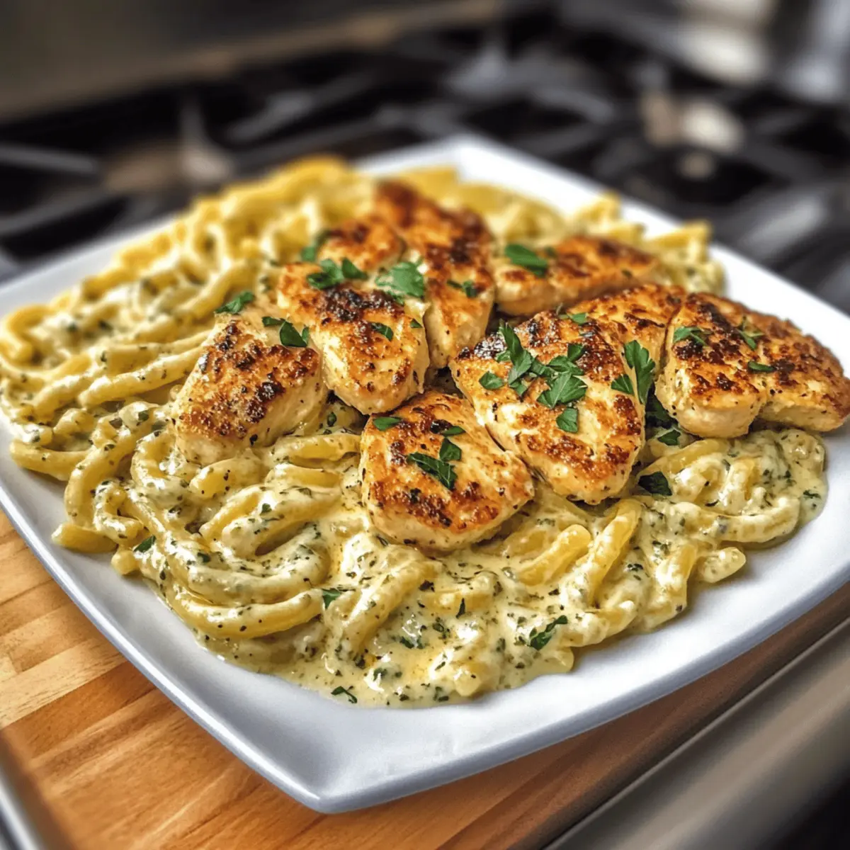 Pâtes au poulet crémeuses à l’ail et au parmesan rapides
