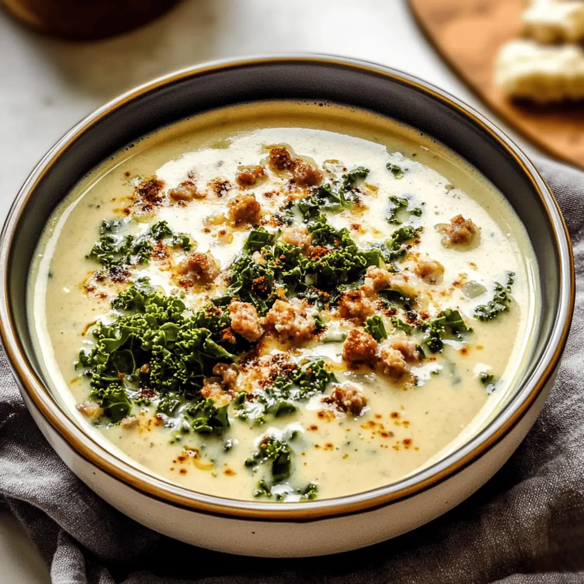 Soupe de chou-fleur, saucisse et chou frisé crémeuse