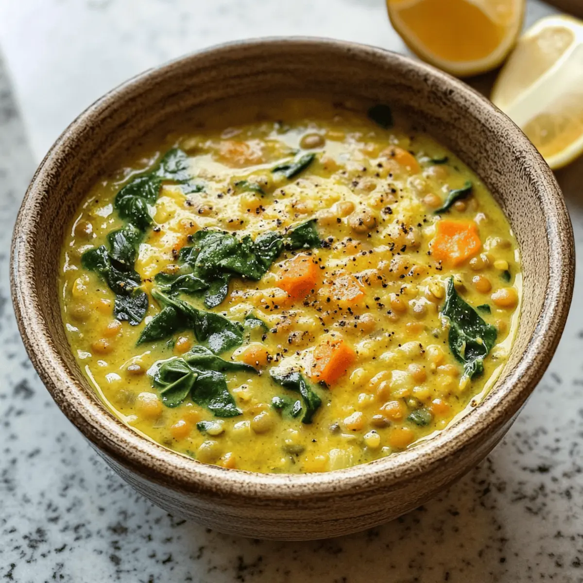 Soupe de lentilles au citron vegan et curcuma réconfortante